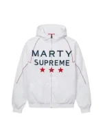 White Marty Supreme A24 warm-up England jacket front view showing clean fit, zip front, and classic sporty streetwear styling.