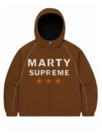Front view of the brown Marty Supreme jacket with white logo.