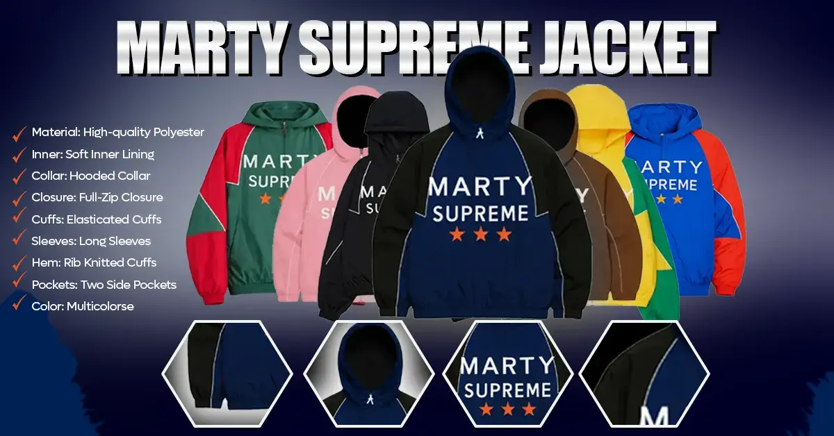Marty Supreme jacket infographic showing all color options, hooded design, zipper closure, and material details