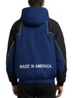 Back view of the navy and black Marty Supreme varsity jacket with elasticated hem.