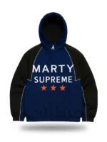 Front view of the Marty Supreme jacket in navy blue and black with zipper closure.