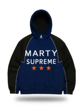 Front view of the Marty Supreme jacket in navy blue and black with zipper closure.