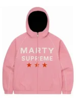 Front view of the pink Marty Supreme jacket as seen on celebrities.