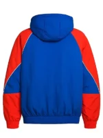 Back profile of the royal blue and orange Marty Supreme bomber jacket.