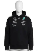 Black Adidas Mercedes AMG Petronas Formula One Team hoodie on a White Mannequin (back view) with large PETRONAS CROWDSTRIKE text. F1 racing hoodie mens fan gear.