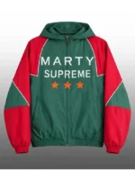 Front view of the Nahmias x A24 Marty Supreme Mexico jacket in vibrant green and red.
