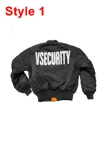 Narcissist back print bomber jacket with large, thorny white graphic text over the collar. A bold black bomber jacket.