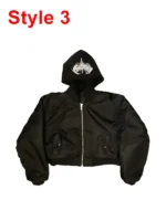 Front view of a simple Narcissist inspired bomber jacket with a small, stylized graphic logo. Casual fashion bomber.