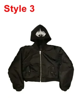 Front view of a simple Narcissist inspired bomber jacket with a small, stylized graphic logo. Casual fashion bomber.