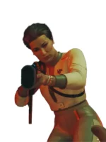 Rear view of the white and gold Cyberpunk 2077 Dogtown bomber jacket. The back features the official expansion logo. A stylish Phantom Liberty bomber jacket