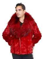 Red Faux Fur Moto Hooded Jacket with a large fur collar. This red faux fur moto style jacket with hood is a statement piece.