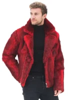 Rear view of a bold red fur biker jacket mens. A statement jacket with a wide collar and adjustable side buckles.
