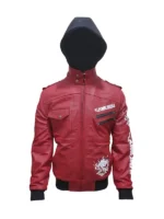 Full front view of the cyberpunk 2077 samurai jacket Red on a mannequin. This bomber style jacket is a cool piece of cyberpunk suit apparel.