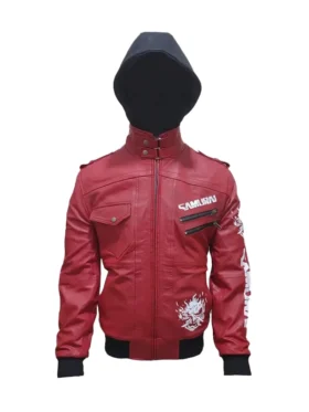 Full front view of the cyberpunk 2077 samurai jacket Red on a mannequin. This bomber style jacket is a cool piece of cyberpunk suit apparel.