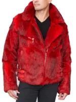Frontal view of a Red faux fur biker jacket with multiple zippers and buckle detailing, a stylish fur biker jacket mens.