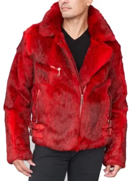 Frontal view of a Red faux fur biker jacket with multiple zippers and buckle detailing, a stylish fur biker jacket mens.