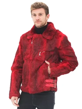 Stylish man wearing a Red Faux Fur Biker Jacket men. Jacket features a diagonal zipper and side buckles for an edgy look.