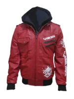 Front view of the hooded cyberpunk 2077 samurai jacket Red. Features Samurai logos on the chest and sleeve. Part of the cyberpunk 2077 samurai merch Red