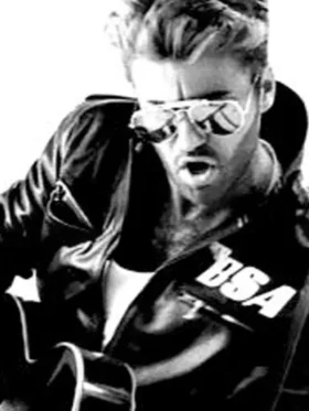 George Michael playing guitar in a Rockers Revenge studded leather jacket from the "Faith" music video.