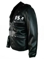 Side view of the black Rockers Revenge black leather jacket with zipper details and "BSA" logo on the chest.