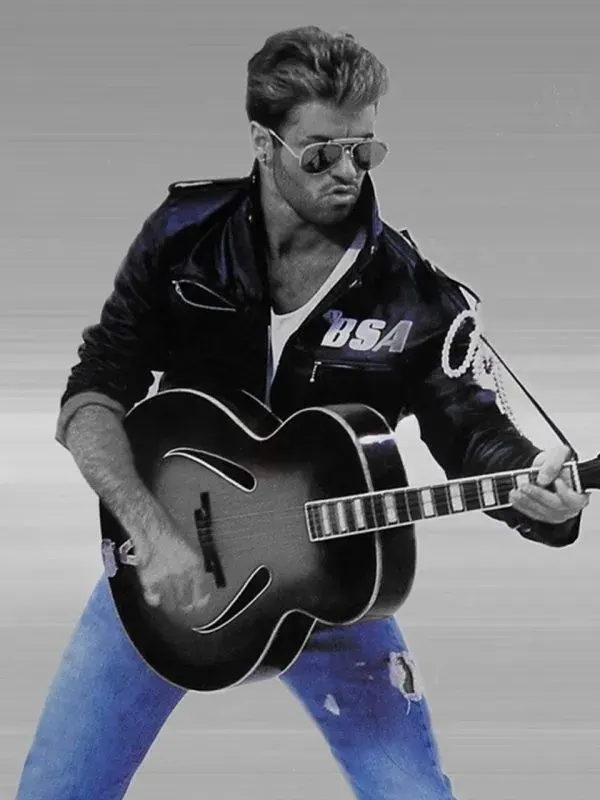 Rockers Revenge studded leather jacket Front view of the Rockers Revenge jacket with silver zippers and "BSA" print, 80s leather jacket style.