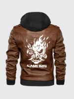 Cyberpunk Jacket back view highlighting the large flaming skull Samurai logo.