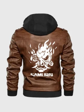 Back view of the brown cyberpunk2077 jacket with a large white flaming Samurai mask logo and 'SAMURAI' text. A stylish mens cyberpunk jacket