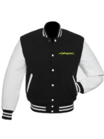 Detailed shot of the blue and black V’s Cyberpunk varsity jacket, a unique colorway of the Cyberpunk 2077 varsity jacket.