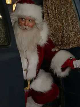 Santa Claus exiting a car in the Alexandra Breckenridge Santa Costume Coat from movie.