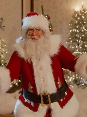 Santa Claus sitting on a golden throne wearing the red My Secret Santa Taylor Santa Coat.