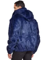 Mens Navy Blue Vegan Fur Hooded Bomber Jacket