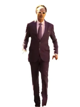 Snoop Dogg The Underdoggs purple suit complete with a tie and pocket square. A sharp, custom outfit for the role.