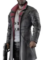 A side-view shot of the Solomon Reed cyberpunk motorcycle Coat, showing the high collar detail. The iconic Solomon Reed Dogtown coat worn by Idris Elba Cyberpunk coat.