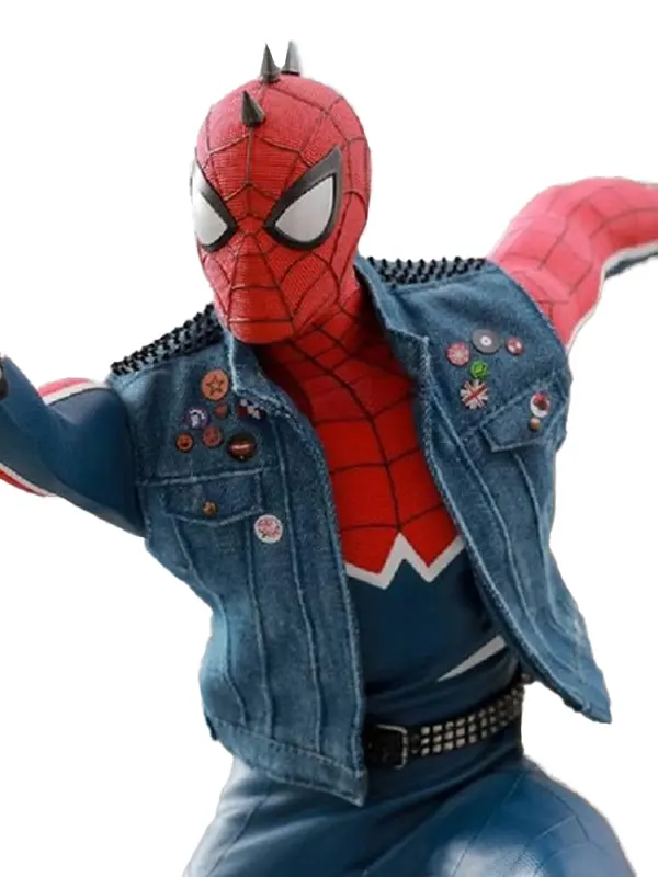 Spider Punk cosplay vest Spider Punk vest front view, Marvel punk rock style sleeveless denim jacket with pins and studs