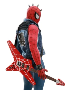 Spider Punk punk rock style vest back view, Marvel sleeveless denim jacket with guitar prop