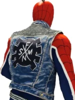 Spider Punk sleeveless denim jacket closeup, distressed blue vest with Marvel punk emblem patch