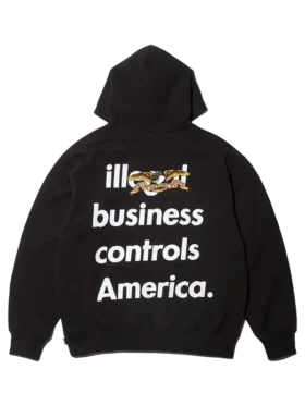 Supreme x Antihero Illegal Business Controls America hoodie front view, black