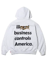 Supreme x Antihero Illegal Business hoodie, detail of drawstring and pocket logo.