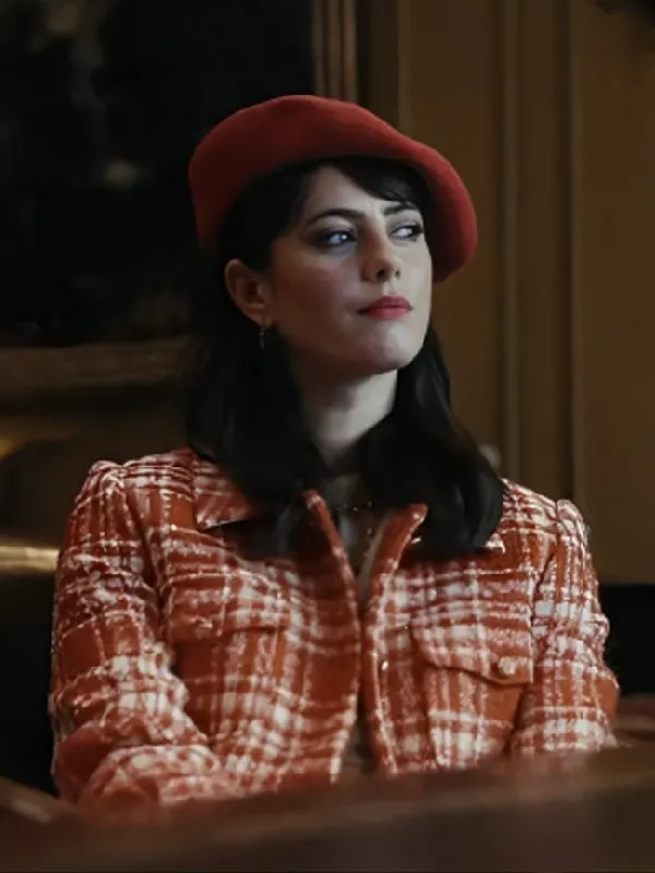 Susie Glass The Gentlemen coat Kaya Scodelario as Susie Glass in her striking red and white plaid coat from Kaya Scodelario Plaid Coat series, worn with a red beret.