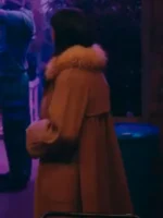 Full frontal shot of Susie Glass in The Gentlemen Netflix wearing her distinctive long Kaya Scodelario brown fur coat.