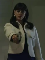 Product image of The Gentlemen 2024 Kaya Scodelario White Jacket, a fashionable cropped wool jacket with contrasting dark stitching and utility pockets.