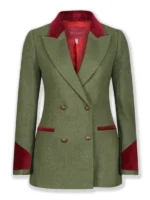 Detailed front shot of the green tweed The Gentlemen 2024 Joely Richardson blazer. The classic Lady Sabrina Halstead signature blazer.