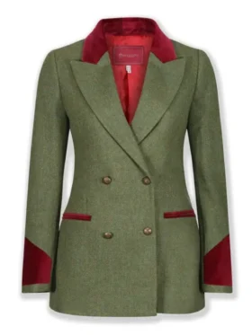 Detailed front shot of the green tweed The Gentlemen 2024 Joely Richardson blazer. The classic Lady Sabrina Halstead signature blazer.