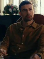 The Gentlemen 2024 Theo James brown shirt close-up, featuring the Eddie Horniman signature brown shirt style for a smart-casual look.