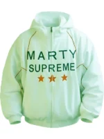 Front view of Timothee Chalamet Marty Supreme green jacket from The Graham Norton Show showing clean fit and modern streetwear style.