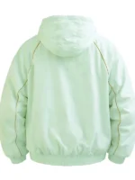 Back side view of Timothee Chalamet Marty Supreme green jacket showing a relaxed fit and clean finish from The Graham Norton Show.