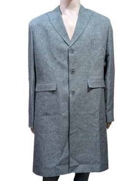 Full-length display of the Theo James gray trench coat, illustrating its standard fit and premium craftsmanship.