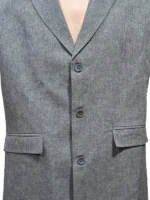 A minimalist gray long coat for men, showcasing a sharp V-neckline and high-quality fabric finish.