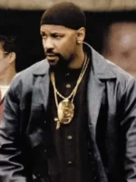 Closeup of Denzel Washington as Alonzo Harris in his iconic Denzel Washington LAPD leather coat.