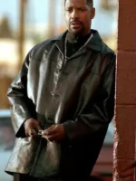 Alonzo Harris (Denzel Washington) Training Day Leather Coat—a black trench coat worn outdoors with silver jewelry.